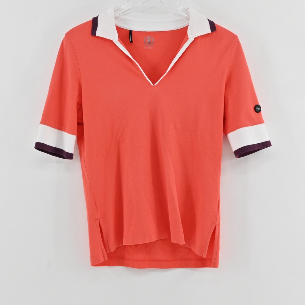 Bogner Sport V-Neck Polo Shirt Womens Size ML Coral Orange Cotton Golf Luxury